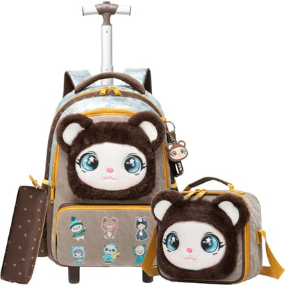 Girls Rolling Backpack for Kids with Wheels,Cute 3D Kids Rolling Backpack for School,Lightweight Kids Luggage for 6-8,Large Capacity BookBag with Wheels & Telescopic Handle - color: 3d Plush Cute Bronze