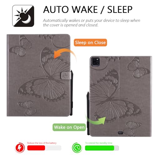 Dteck Wallet Case for iPad Air 13 Inch M2 2024 & iPad Pro 12.9 2022/2021/2020/2018 with Pencil Holder,Embossed Butterfly Auto Sleep/Wake PU Leather Smart Stand Girls Cute Folio Pocket Cover,Gray - color: 10 Gray