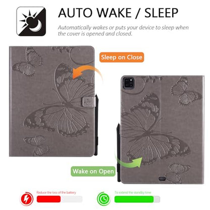 Dteck Wallet Case for iPad Air 13 Inch M2 2024 & iPad Pro 12.9 2022/2021/2020/2018 with Pencil Holder,Embossed Butterfly Auto Sleep/Wake PU Leather Smart Stand Girls Cute Folio Pocket Cover,Gray - color: 10 Gray