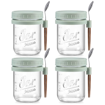 LANDNEOO 4 Pack Overnight Oats Containers with Lids and Spoons, 16 oz Glass Mason Jars with Airtight Lids, Overnight Oats Jars for Milk, Cereal, Fruit-Green - color: Green