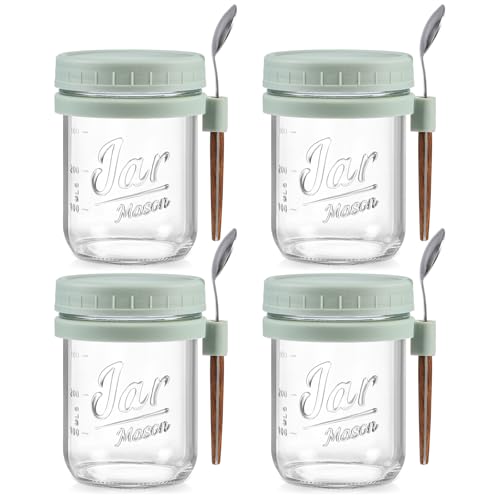 LANDNEOO 4 Pack Overnight Oats Containers with Lids and Spoons, 16 oz Glass Mason Jars with Airtight Lids, Overnight Oats Jars for Milk, Cereal, Fruit-Green - color: Green