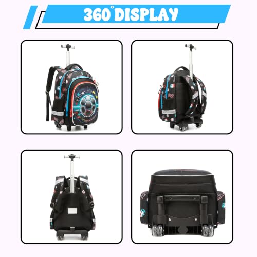 Meetbelify Rolling Backpack for Boys Backpack with Wheels Kids Football Roller Suitcase Travel Luggage for Elementary Student Ages 6-8 - color: Blue Football