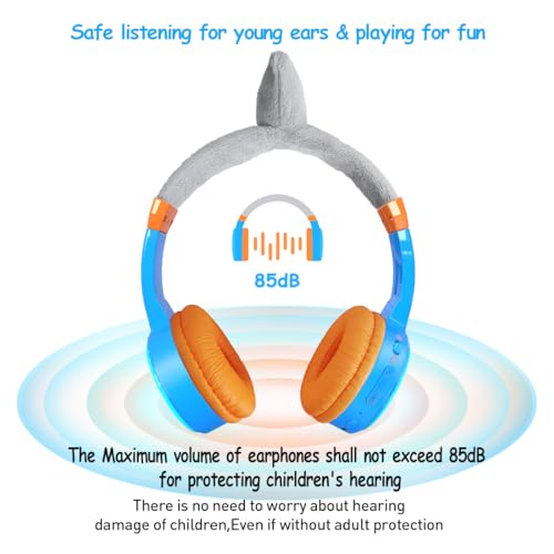 Kids Bluetooth Headphones Toddler Wireless/Wired Headphone with MIC Bluetooth 5.3 Stereo Sound Sharing Function Adjustable 85dB Safe Volume Limited SD Card Slot Kid Headset for Home School - style: Shark