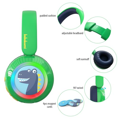 Kids Bluetooth Headphones, Dinosaur Wireless Headphones for Kids with LED Lights, Detachable Mic, 75/85/94dB Volume Limited, Fast Charging, Teens Boys Headset for School/Travel/Tablet/Airplane - style: Dinosaur