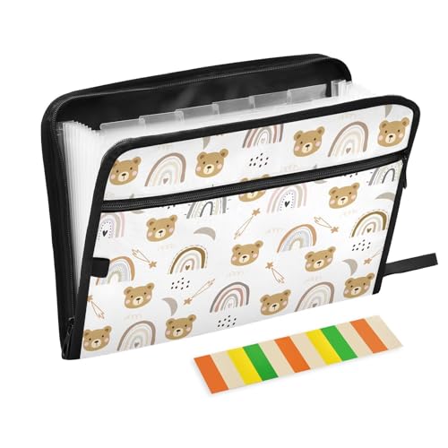 Cartoon Bear and Rainbow File Folders, Plastic Folders with 13 Pockets, Expandable File Folder for Documents School Students Office, Aesthetic Folder with Labels A4 Letter Size - color: Multicolor 22