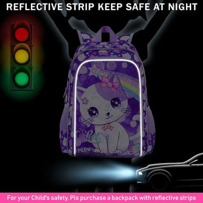 gxtvo 3PCS Girls Backpack, 16" Sequin Prechool Elementary Bookbag and Lunch Box - color: Sequins Girls Cat Backpack