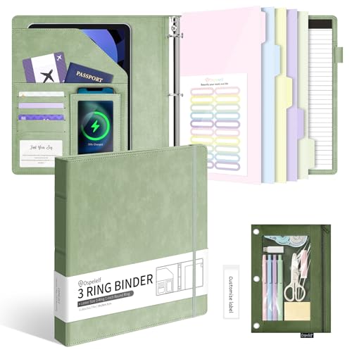 Ospelelf Leather 3 Ring Binder for Letter Size Documents with Pocketed Dividers, 1 Inch Round Rings, Holds 175 Sheets, Binders with Storage Bag & Notepad, for Office School Home Organization, Green - color: Green
