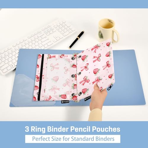 2 Pack Pencil Pouches for 3 Ring Binder, Pink Strawberries Bows Pattern Zipper Pouch, Pencil Case for Binder, Clear Top Pen Bag with Grommets for Office School College