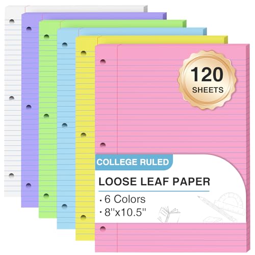 120 Sheets Loose Leaf Paper 8 x 10.5, 6 Colors Lined Paper College Ruled, 3-Hole Punched Notebook Paper 8 x 10.5, 3-Ring Binder Paper 20 Sheets/Pack, Colored Filler Paper for Office, School, Home - color: 6 Colors-120 Pcs