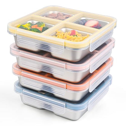 4 Pack Stainless Steel Snack Containers with Lids, Leakproof 4 Compartment Bento Lunch Boxes, Reusable Metal Meal Prep Food Storage Containers, Dishwasher Safe for Work, Travel, Picnic (4pack-A) - color: 4pack-A