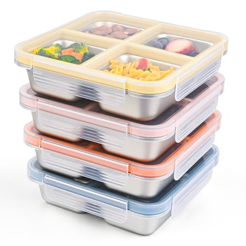 4 Pack Stainless Steel Snack Containers with Lids, Leakproof 4 Compartment Bento Lunch Boxes, Reusable Metal Meal Prep Food Storage Containers, Dishwasher Safe for Work, Travel, Picnic (4pack-A) - color: 4pack-A
