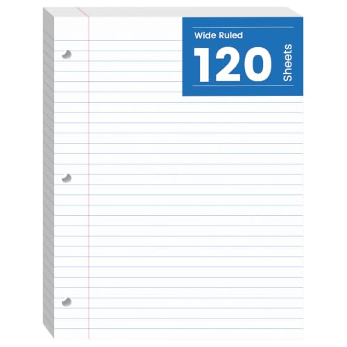 Loose Leaf Paper, 120 Sheets Notebook Paper, Binder Lined Paper Wide Ruled, 8.5'' x 11'' Loose Leaf, 3-Hole Punched Filler Writing Paper, 3-Ring Binder Note Papers, White - style: 8.5x11-Wide Ruled-1 Pack (120 Sheets)