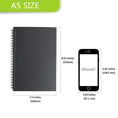 TWONE Soft Cover Spiral Sketchpad Notebooks - Pack of Three - 8.25 inches by 5.5 inches - 100 Pages, 50 Sheets - Perfect for Travel A5 Blank - color: Black Cover