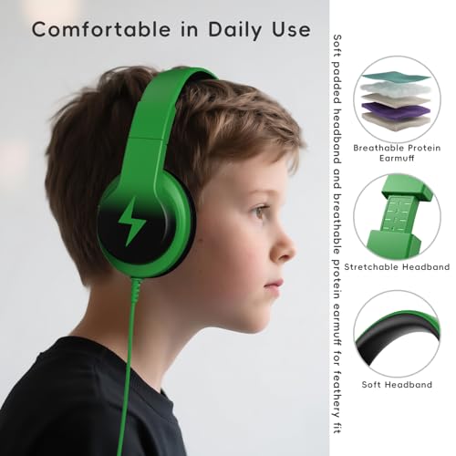Candy Bila Kids Headphones, Wired Headphones for Kids Over Ear with Microphone, Foldable Headphone for Learning & Entertainment, Black and Green - color: Black and Green