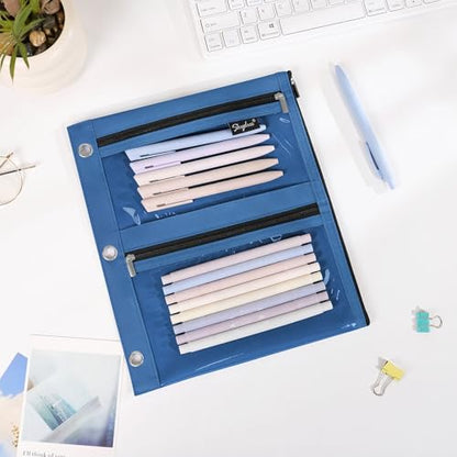 SKYDUE Binder Pencil Pouch for 3 Ring Binder, 3 Compartment Zipper Case, Large Capacity Pen Organizer with Clear PVC Window for School Supplies, Students, Kids & Teachers - color: Navyblue