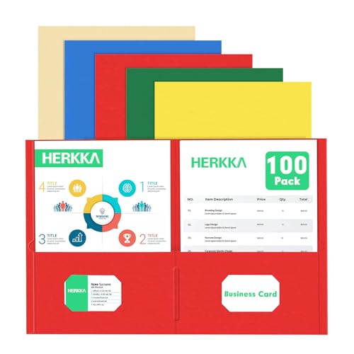 Two Pocket Folder, HERKKA 100 Pack 2 Pocket Folders, Letter Size Paper Folders Designed for Office and Classroom Use, Assorted 5 Colors