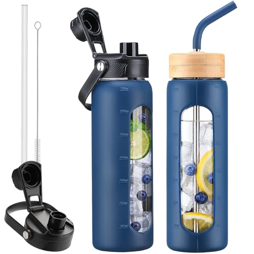 24 oz Glass Water Bottle with Straw – 2 Lids (Bamboo & Spout Lid), Motivational Borosilicate Glass Daily Water Intake Bottle with Time Marker, Silicone Sleeve for Gym Home Office-Navy Blue - color: Navy Blue, size: 24 Ounces