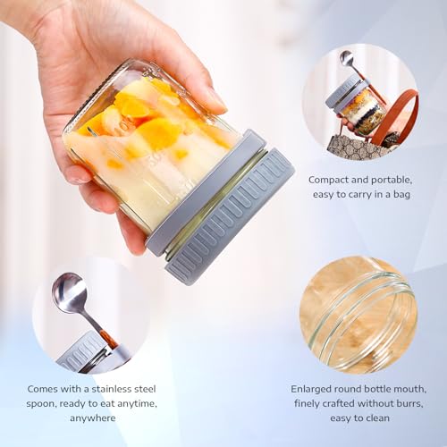 Glass Overnight Oats Containers，with Lids and Spoons，16 oz Glass Food Storage Containers ，Container Meal Prep Jar for Cereal Fruit Vegetable Milk Salad Yogurt