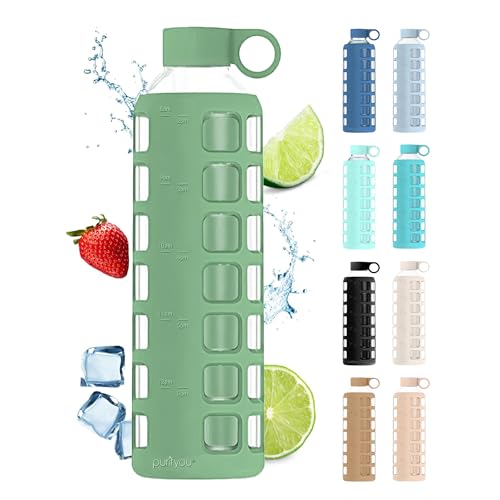 purifyou 40oz / 32oz / 22oz / 12oz Borosilicate Glass Water Bottle with Time & Volume Markers, Silicone Sleeve, Stainless Steel Lid | Reusable Glass Bottle for Water & Juice (32oz Shale Green) - color: Shale Green (1 Count), size: 32 Ounces