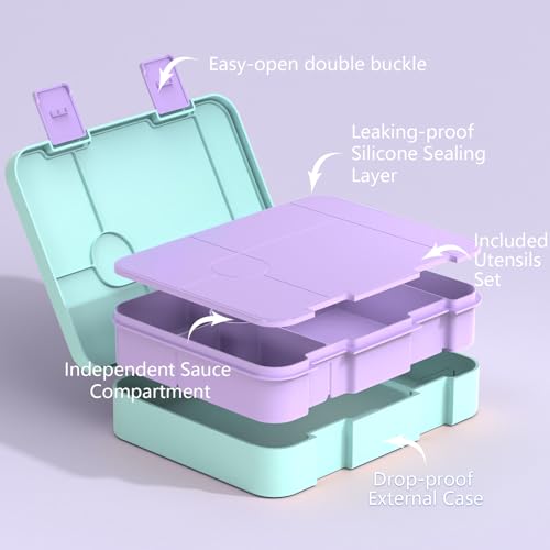 ACESAK Girls Backpack - Bento Box with Insulated Lunch Bag Pencil Case & Utensils Set for Kids, 6 Leakproof Compartments Removable Tray Lunches or Snack Container for School (Blue Purple) - color: Blue Purple