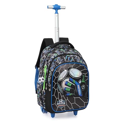 Cartoon Rolling Backpack for Boys Girls, Kids 5 Pcs Wheeled Backpack, Travel Backpack for Elementary Students (Football Black) - color: Football Black