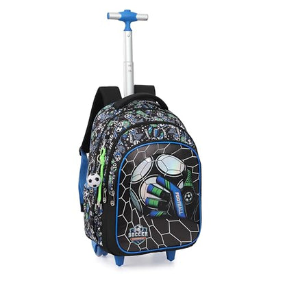 Cartoon Rolling Backpack for Boys Girls, Kids 5 Pcs Wheeled Backpack, Travel Backpack for Elementary Students (Football Black) - color: Football Black