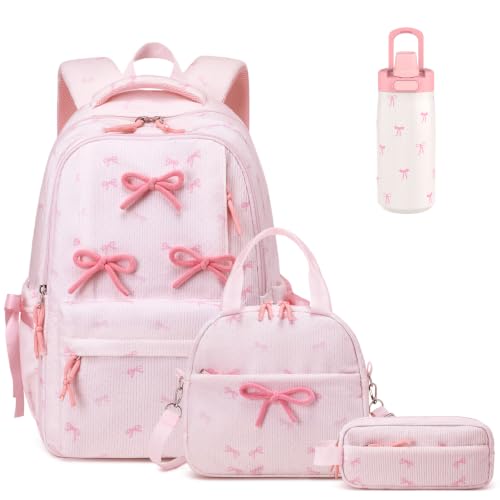Backpack for Girls, Corduroy 4PCS Bow Girls Backpack with 14oz Insulated Water Bottle, Lunch Bag & Pencil Pouch, Lightweight School Bag Set for Kids Teen Elementray Middle School Student - color: Pink&white Bow