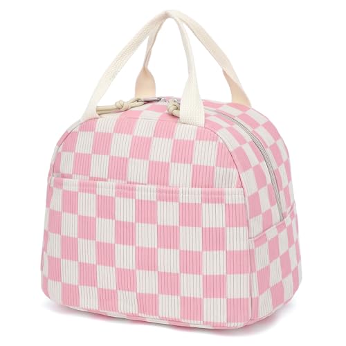 Corduroy Lunch Box for Women Girls, Cooler Lunch Bags Reusable Insulated Lunchbox for Picnic School Work Travel (Checkered Pink) - color: Corduroy Checkered Pink