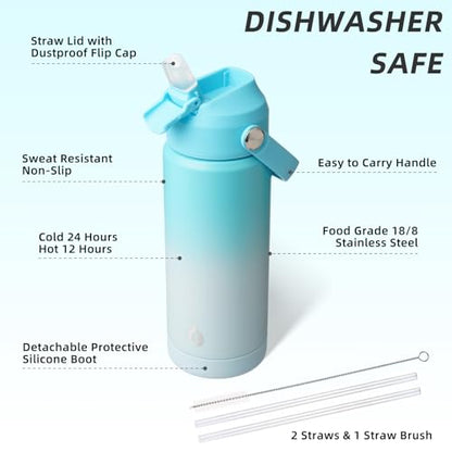 BJPKPK Insulated Water Bottle with Straw Lid, 18oz Thermo Water Bottles with Soft Nozzle, Flex Handle & Non-slip Boot, BPA Free Leak Proof Stainless Steel Metal Thermo, Tumblers, Cups,Sea Salt - color: Sea Salt, size: 18 Ounces