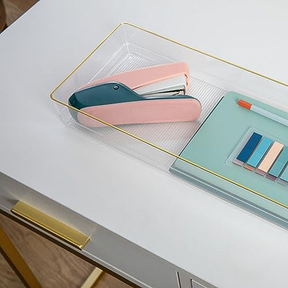 Martha Stewart Kerry Plastic Stackable Office Desk Drawer Organizers, 15" x 6", 2 Pack, with Gold Trim - size: 15" x 6"