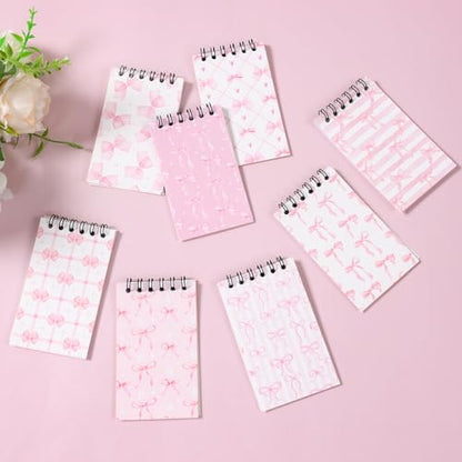 8 Pcs Mini Pink Bow Spiral Notebooks 3.9 x2.4 Inch, Cute Coquette White Pink Aesthetic Journal Lined Memo Pad with Different Bow Design, Preppy Top Spiral Notebook for Women Birthday Party Gifts Home - color: Pink Bow