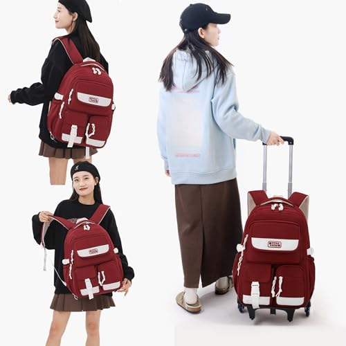 MITOWERMI Rolling Backpack for Girls Boys Backpack with Wheels, Kids Roller Trolley Bags Wheeled School Bookbag Red-6 wheels - color: 6 Wheels-red-02