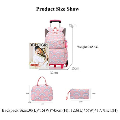 Mfikaryi 3PCS Girls Rolling Backpack Elementary Student Schoolbag Travel Trolley Bag Wheeled Bookbag with Lunch Box - color: 3pcs-purple-6 Wheels