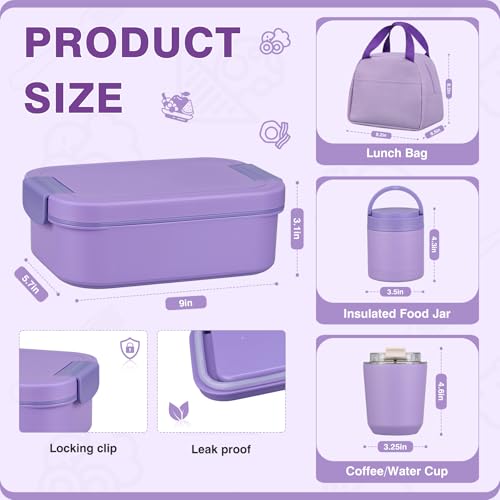 Bento Lunch Box Set with 10.5oz Soup Thermo Food Jar for Adults Kids, Stainless Steel Leak-proof Lunch Container with 4 Compartment, Coffee Tumbler with Lunch Bag for School Travel Office-Purple - color: Purple