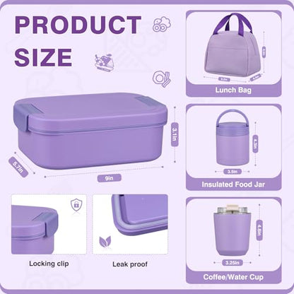 Bento Lunch Box Set with 10.5oz Soup Thermo Food Jar for Adults Kids, Stainless Steel Leak-proof Lunch Container with 4 Compartment, Coffee Tumbler with Lunch Bag for School Travel Office-Purple - color: Purple