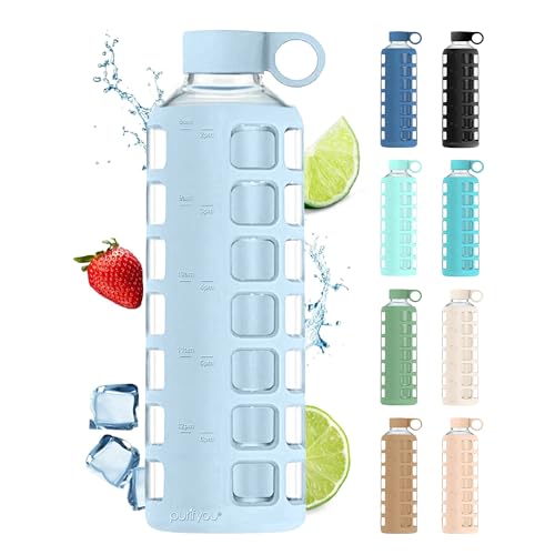 purifyou 40oz / 32oz / 22oz / 12oz Borosilicate Glass Water Bottle with Time & Volume Markers, Silicone Sleeve, Stainless Steel Lid | Reusable Glass Bottle for Water & Juice (40oz Ice Blue) - color: Ice Blue (1 Count), size: 40 Ounces