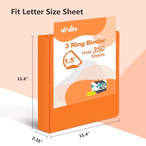 ViVin 튼튼한 3.8cm(1.5인치) 3링 바인더, 포켓 포함, 슬랜트 D 링, PVC 프리, 맞춤형 클리어 뷰 바인더, 21.6 x 27.9cm(8.5 x 11인치) 용지 350장 보관, 6팩 (오렌지) - color: 주황색., size: 1.5인치