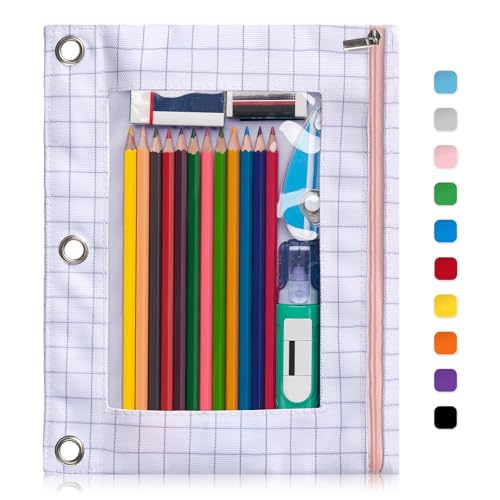 Forvencer Pencil Pouch for 3 Ring Binder, Large Pencil Case Pouch with 3 Reinforced Grommets, Pen Bag, Clear Window Pencil Case, Binder Accessories, White Plaid - color: White Plaid, size: 1 Pack