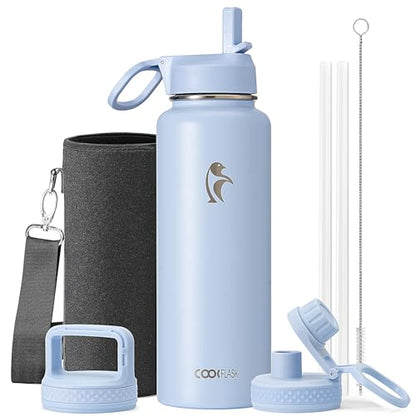 Coolflask 32 oz Water Bottle Insulated with Straw & 3 Leakproof Lids | Water Flask Stainless Steel Triple-Wall Vacuum,Cold 52+h, Dishwasher Safe,Wide Mouth,BPA-Free,Carrier Bag,for Gym,Hiking - color: Light Blue, size: 32 Ounces