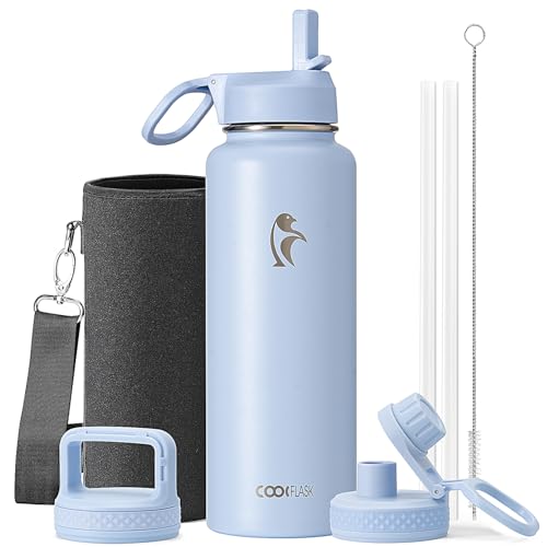Coolflask 32 oz Water Bottle Insulated with Straw & 3 Leakproof Lids | Water Flask Stainless Steel Triple-Wall Vacuum,Cold 52+h, Dishwasher Safe,Wide Mouth,BPA-Free,Carrier Bag,for Gym,Hiking - color: Light Blue, size: 32 Ounces
