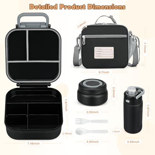 Bento Lunch Box for Kids with 7oz Soup Thermo,Insulated Stainless Steel Kids Water Bottle with Straw and Insulated Lunch Bag,Leak-Proof Lunch Food Container with Ice Pack for School(Black) - color: Black