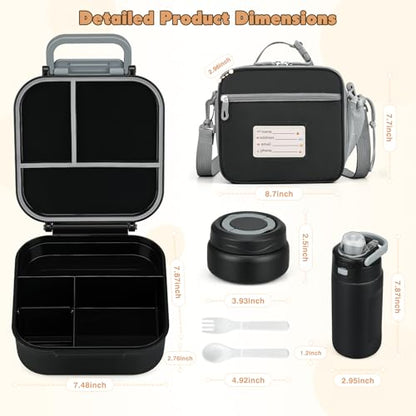 Bento Lunch Box for Kids with 7oz Soup Thermo,Insulated Stainless Steel Kids Water Bottle with Straw and Insulated Lunch Bag,Leak-Proof Lunch Food Container with Ice Pack for School(Black) - color: Black