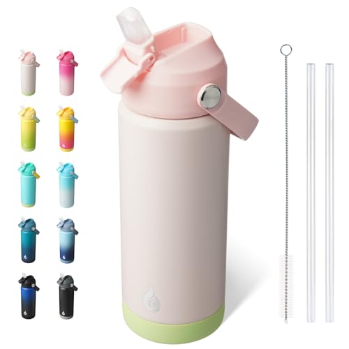 BJPKPK Insulated Water Bottle with Straw Lid, 18oz Thermo Water Bottles, Flex Handle & Non-slip Boot, BPA Free Leak Proof Stainless Steel Metal Thermo, Tumblers, Cups,Pearl Pink - color: Pearl Pink, size: 18 Ounces