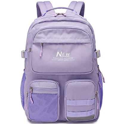Water Resistant Backpack for Teen Girls Students, Casual Multi Pockets Daypack with 15.6 inch Laptop pocket for Travel School College (Purple) - color: Purple With Embroidery