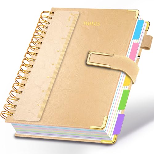 Hardcover Spiral Notebook College Ruled, 6.2"x 8.2" Leather Journal Notebook with Magnetic Closure, 300 Pages 5 Subject Notebook with Dividers Tabs Journal for Women Men, Work, School(Golden) - color: Golden, size: A5-6.2"x8.2"