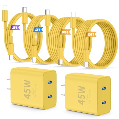 QZIIW iPhone 16 15 Pro Max Charger Fast Charging,45W Dual Port USB C Fast Charger Block [2-Pack] & Extra Long 60W 3/6/10/10FT USB C Cable - PD Quick Adapter 3.0 for iPhone 16 15/16 15Pro/16 15 Plus. - color: Yellow, size: 3FT+6FT+10FT+10FT