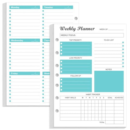 7-Hole Weekly Planner Refills for Mini Binders - 53 Sheets/106 Pages Weekly Planner Paper, 100 gsm White Paper, Lasts 1 Year, Undated, 5.8" x 8.3", Teal - size: 1-Pack, style: 7-Hole/Desk Size 4