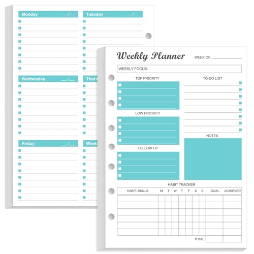 7-Hole Weekly Planner Refills for Mini Binders - 53 Sheets/106 Pages Weekly Planner Paper, 100 gsm White Paper, Lasts 1 Year, Undated, 5.8" x 8.3", Teal - size: 1-Pack, style: 7-Hole/Desk Size 4