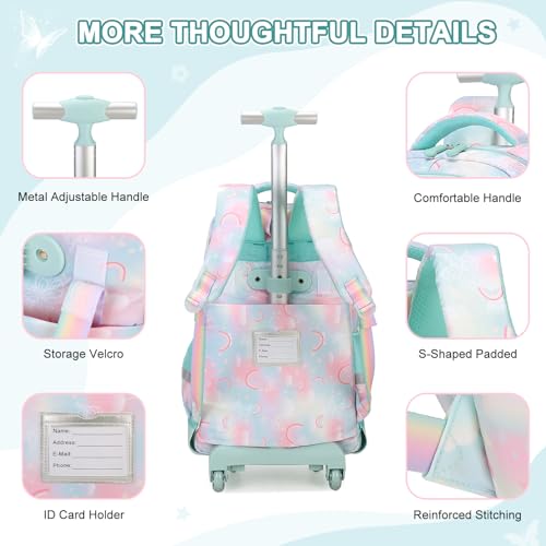 Scothen Rolling Backpack for Girls, 3PCS Roller School Backpacks for Girls with Lunch Bag and Pencil Pouch, Kids Bookbag Schoolbag with Wheels for Teen Girl Kindergarten Elementary Middle School - color: Green