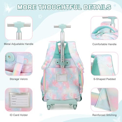Scothen Rolling Backpack for Girls, 3PCS Roller School Backpacks for Girls with Lunch Bag and Pencil Pouch, Kids Bookbag Schoolbag with Wheels for Teen Girl Kindergarten Elementary Middle School - color: Green